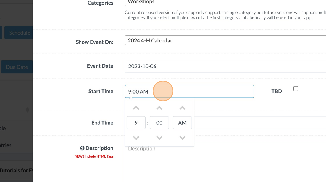 Screenshot of: Click the "Start Time" field and either enter the time or use the arrows to adjust.
