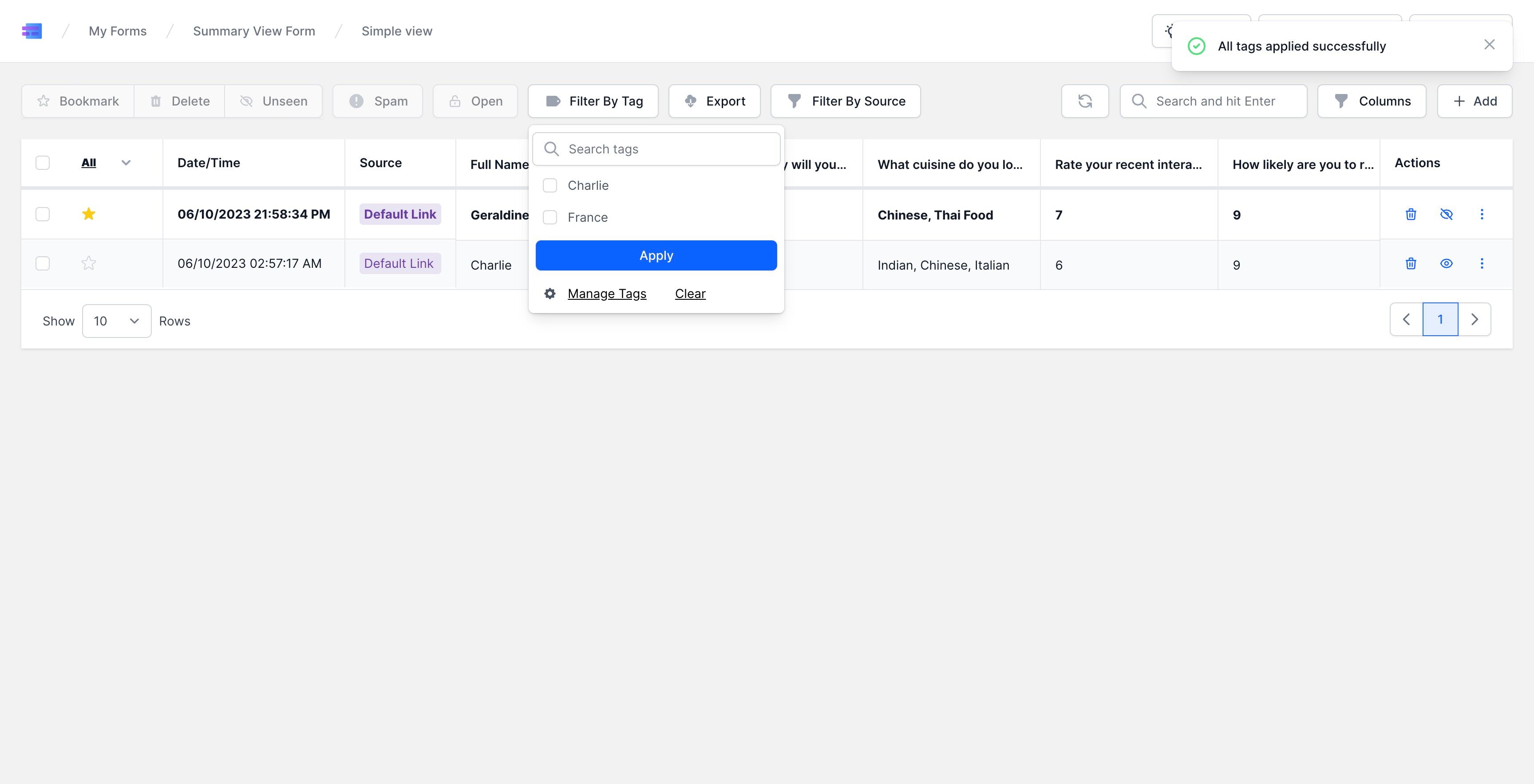 Screenshot of: To clear the applied filter, click the "Filter By Tag" button, followed by clicking the "Clear" link. This action will remove the active tag filter, reverting the view to display all responses without any tag-based filtering.