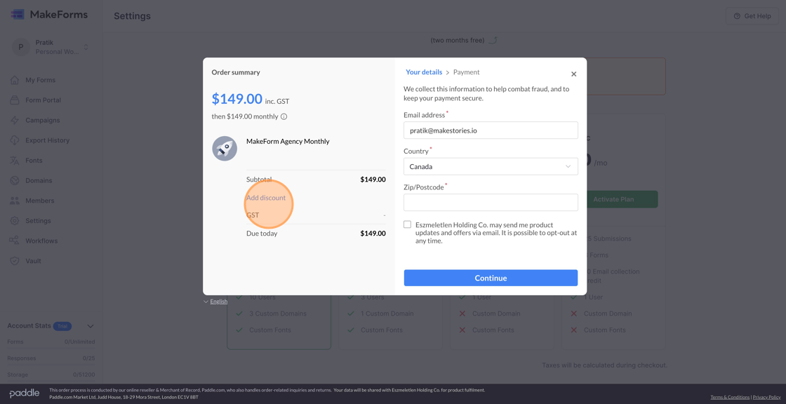 Screenshot of: Upon clicking the "Activate Plan" button, you will be directed to the "checkout" screen. This is where you can review your selection, provide payment information, and finalize the upgrade to your chosen MakeForms subscription plan.