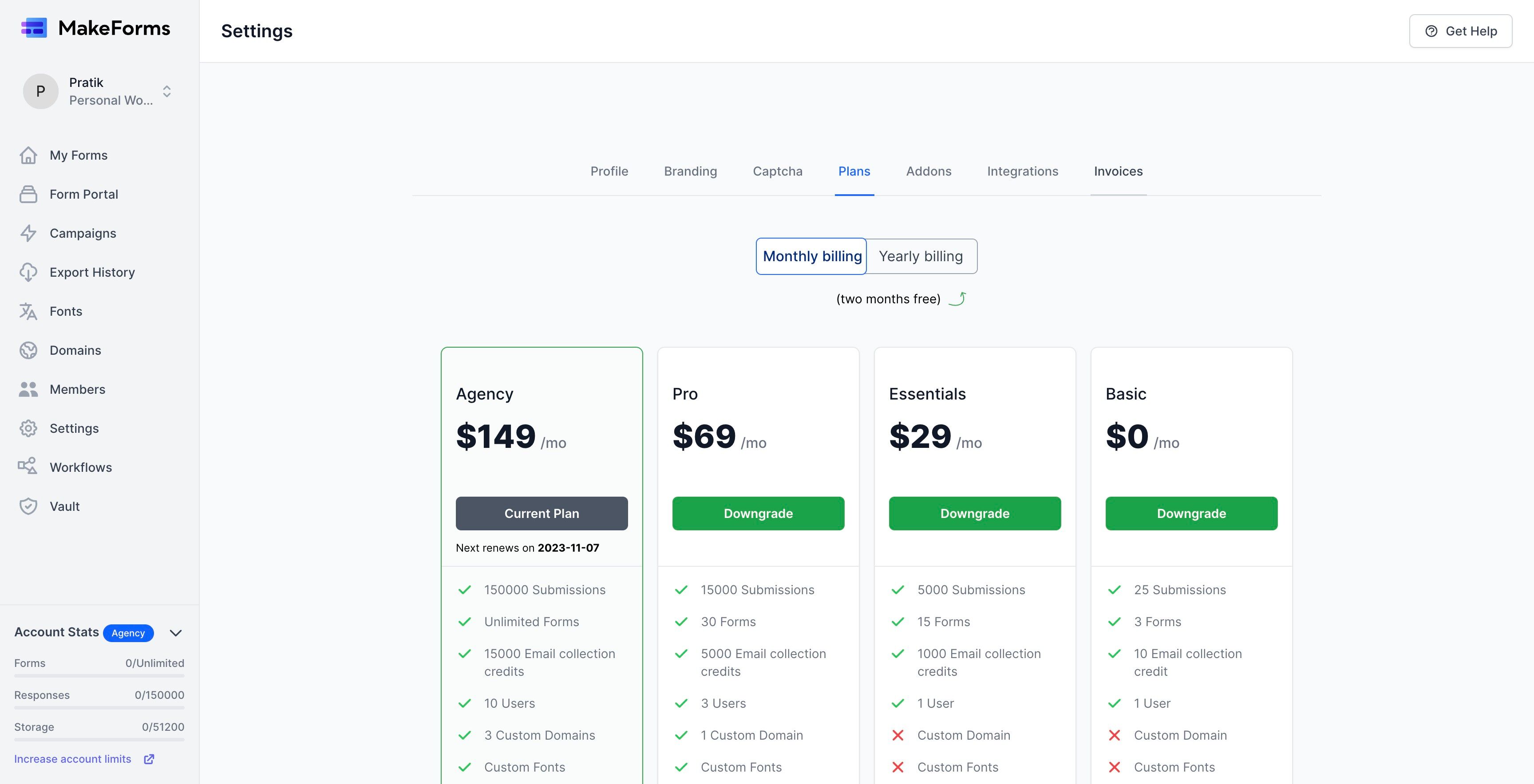 Screenshot of: You can download your invoices by clicking the invoices tab.