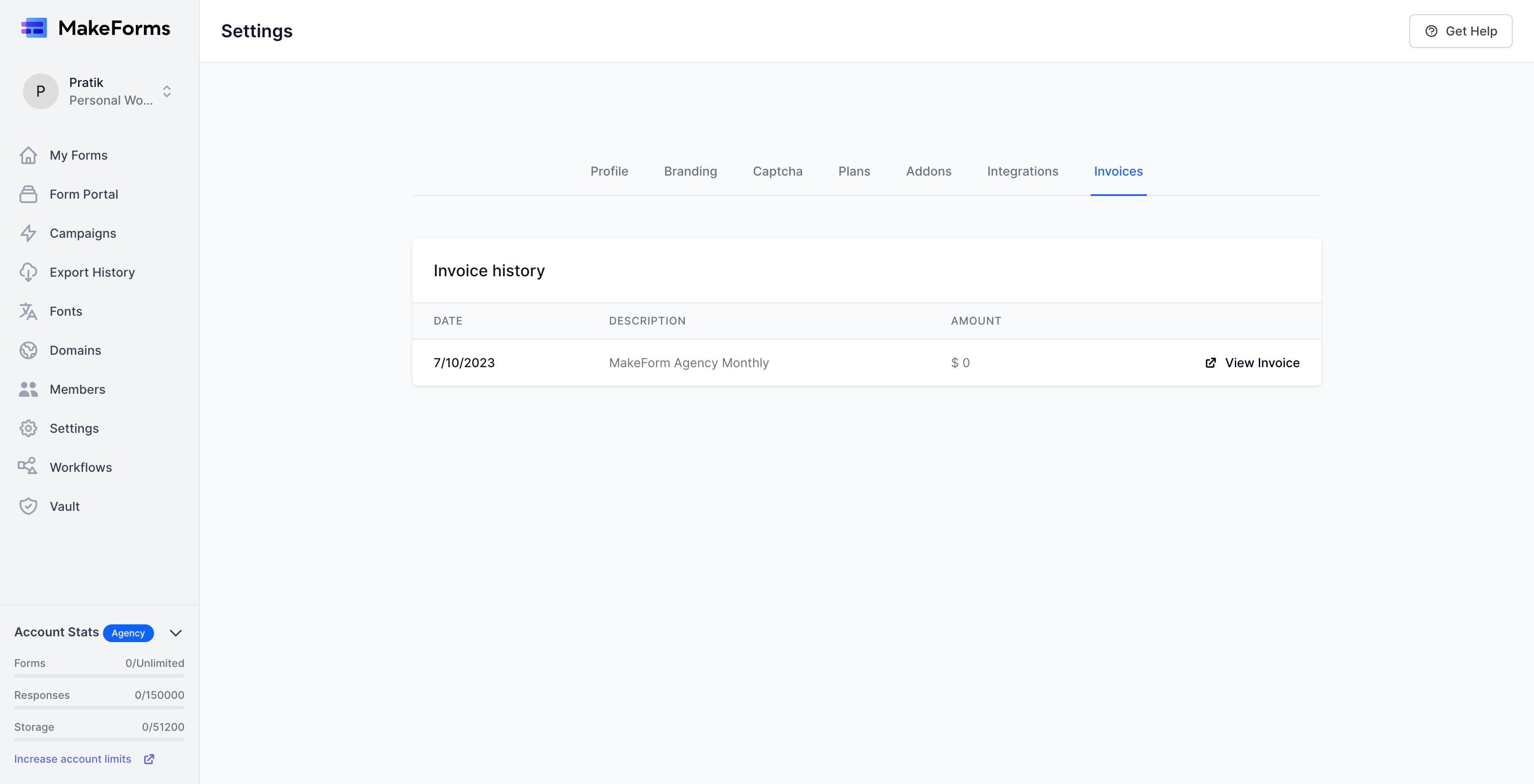 Screenshot of: All your payments will be listed. Click on the corresponding "View Invoice" button to download the invoice.