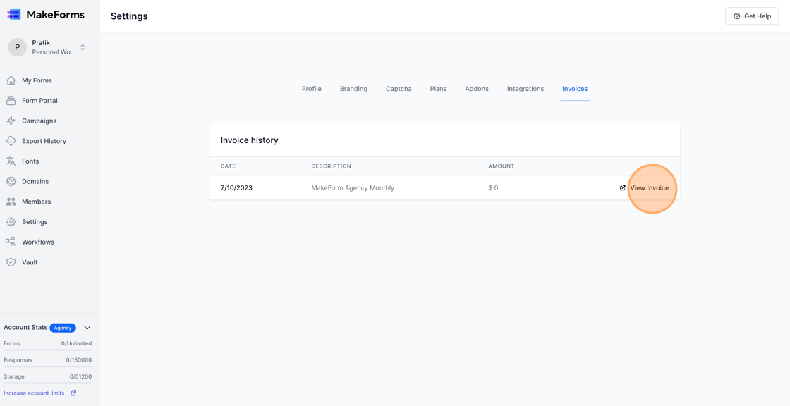 Screenshot of: All your payments will be listed. Click on the corresponding "View Invoice" button to download the invoice.