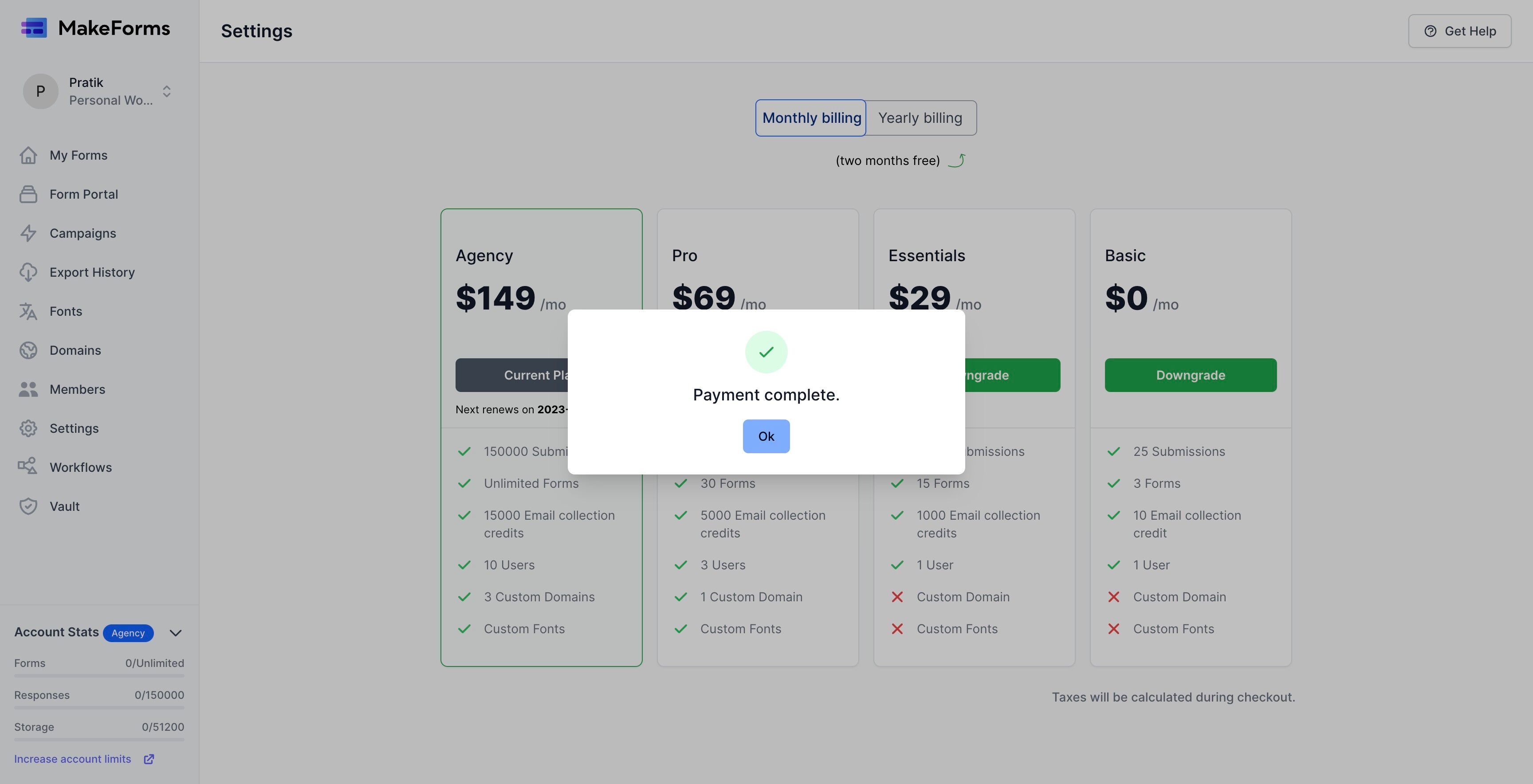Screenshot of: Your account will be upgraded upon successful payment. 
