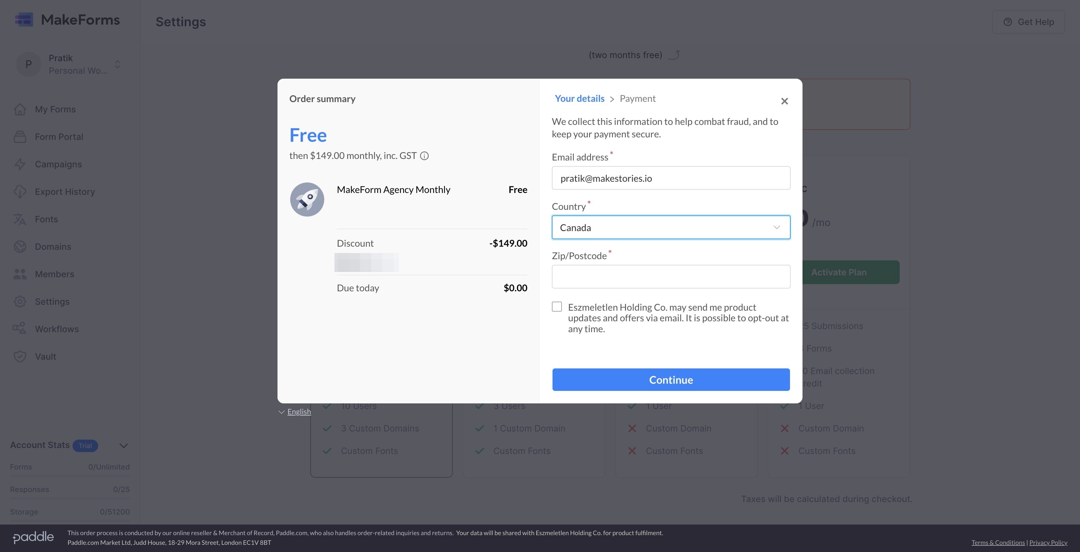 Screenshot of: Choose your country from the dropdown menu, input your zip code in the specified field, and then click "Continue" to proceed with the checkout process