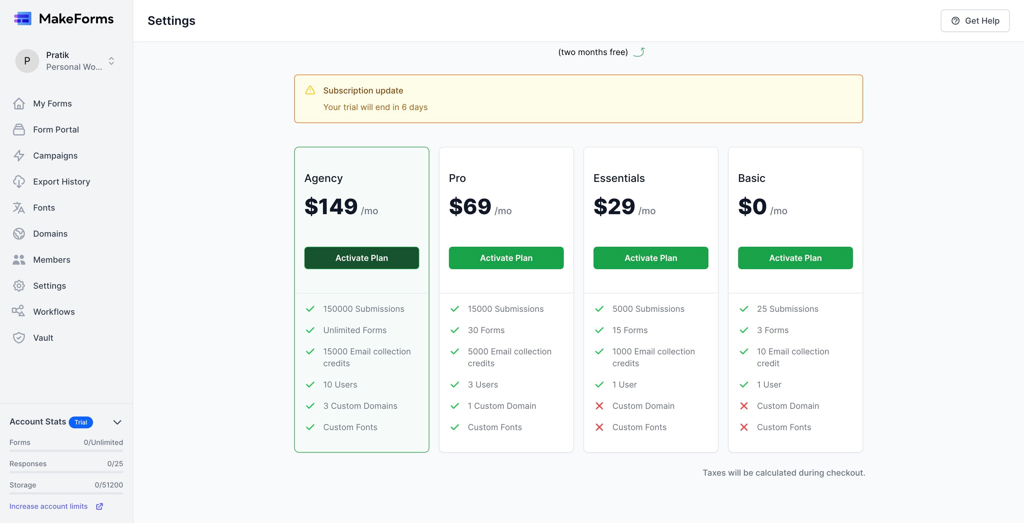 Screenshot of: In this demonstration, we'll opt for the MakeForms Agency monthly plan. To compare all available plans and find the one that suits your needs, you can visit https://origin-wp.makeforms.io/pricing. This page provides a comprehensive overview of the pricing and features associated with each plan, aiding you in making an informed decision for your subscription upgrade.