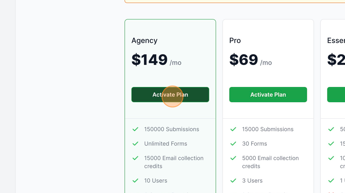 Screenshot of: In this demonstration, we'll opt for the MakeForms Agency monthly plan. To compare all available plans and find the one that suits your needs, you can visit https://origin-wp.makeforms.io/pricing. This page provides a comprehensive overview of the pricing and features associated with each plan, aiding you in making an informed decision for your subscription upgrade.