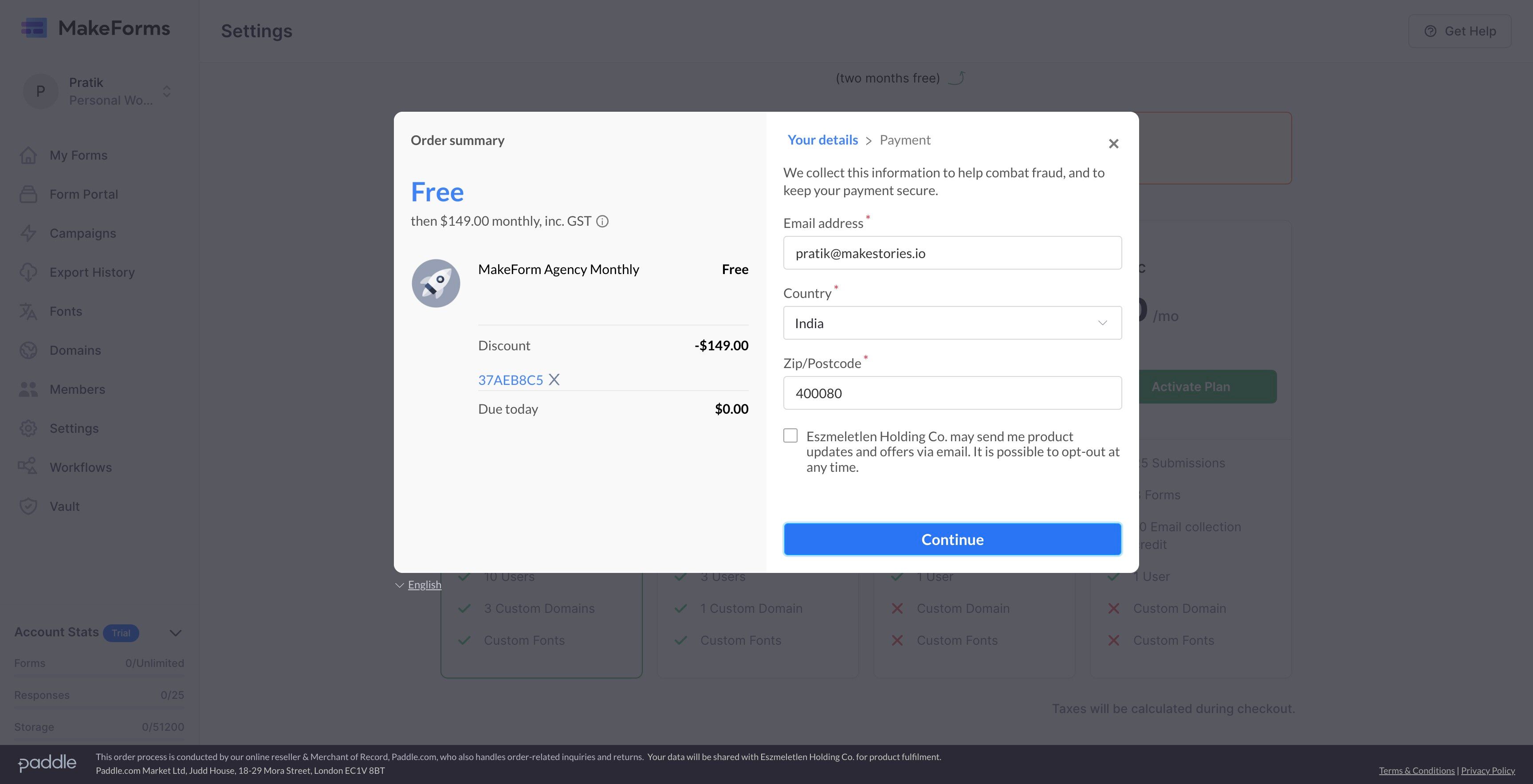 Screenshot of: Click "Continue"
