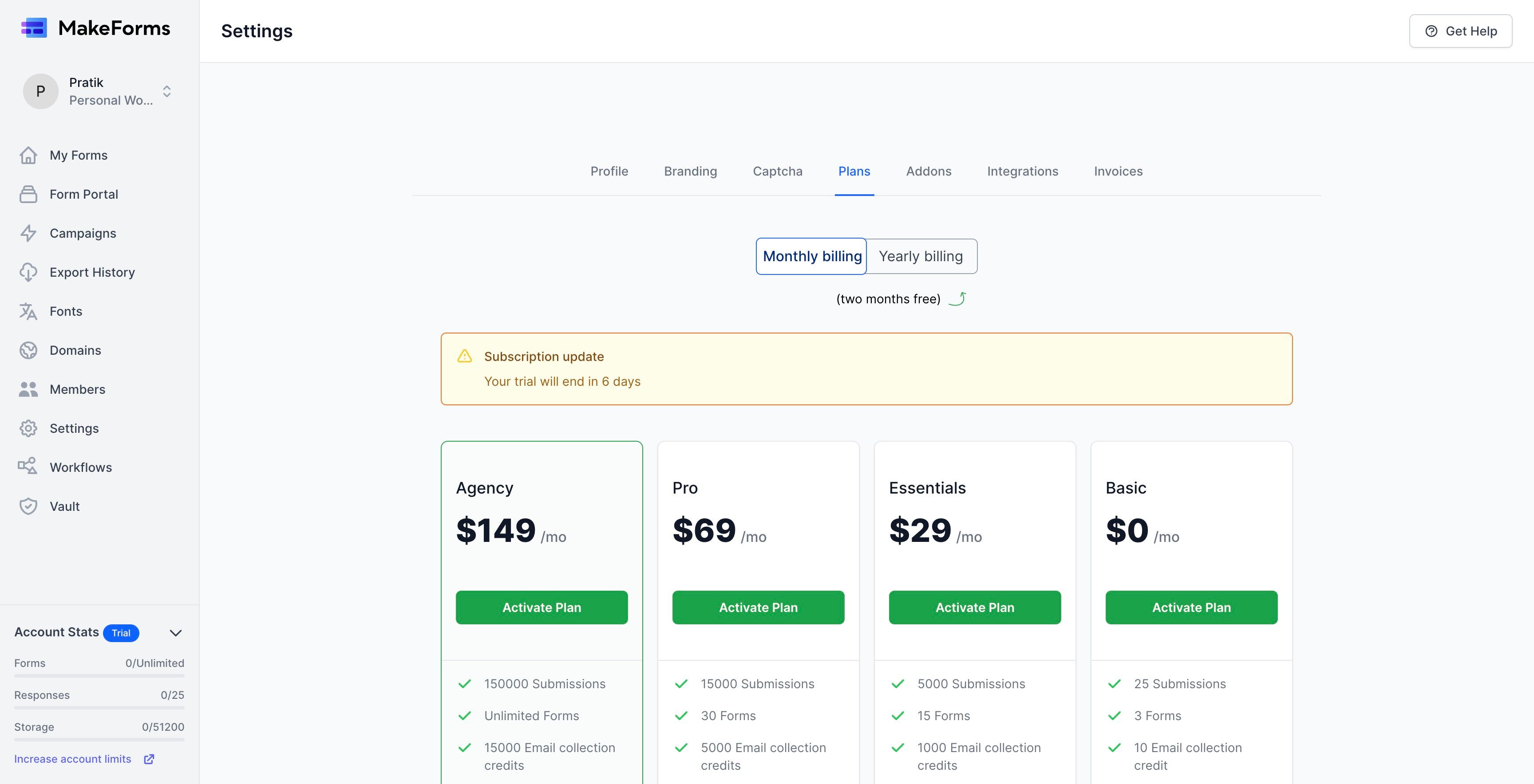 Screenshot of: The MakeForms subscription plans are displayed for your perusal. You have the option to choose between Monthly and Yearly plans based on your preference and budget. A notable advantage of opting for the Yearly plans is the offering of two months free, which provides a cost-effective solution for long-term use of MakeForms services.