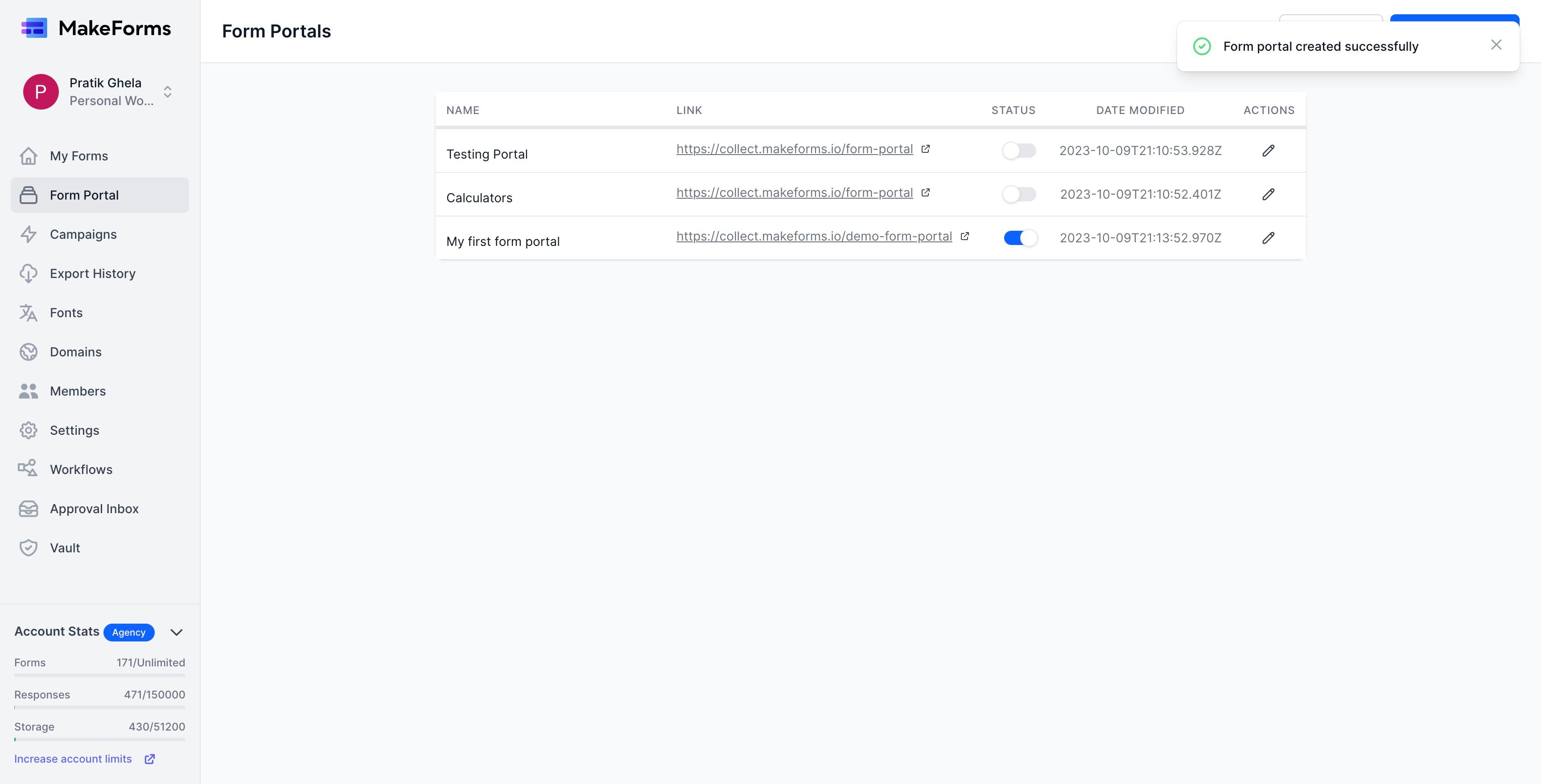 Screenshot of: After publishing your Form Portal, you'll be automatically taken to the "Form Portals" page, where all your active Form Portals are displayed. From here, click on the link to view the Form Portal you've recently set up.