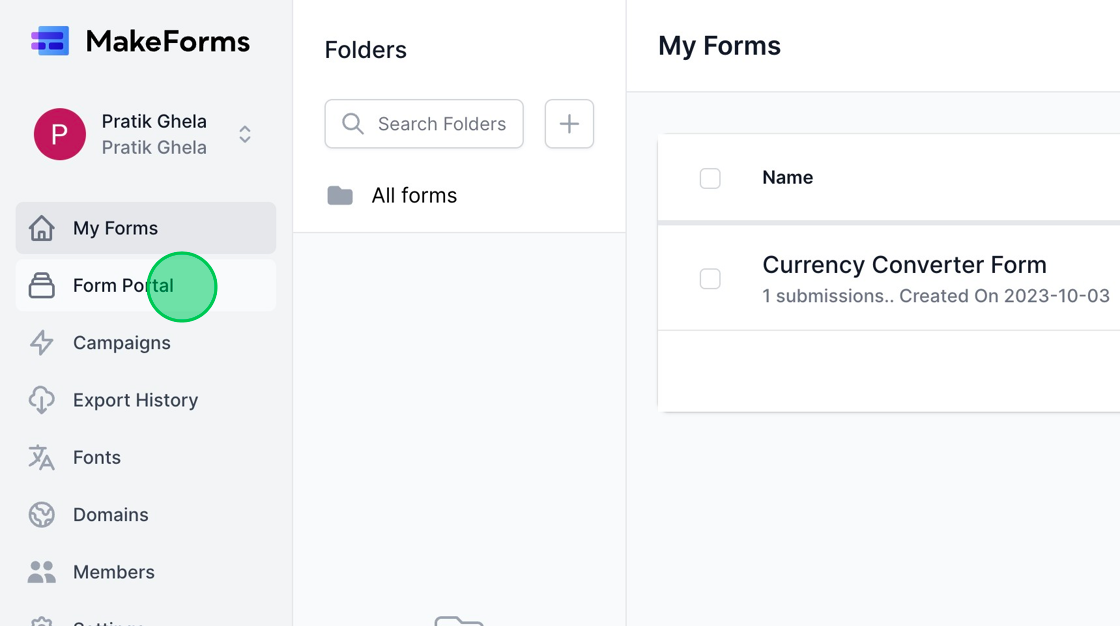 Screenshot of: To set up your initial form, select the "Form Portal" link located on the left-hand menu.
