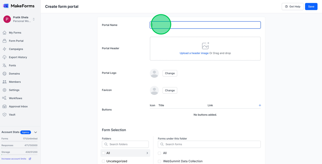 Screenshot of: When you're on the 'create form portal' page, input the desired name into the "Portal Name" field.