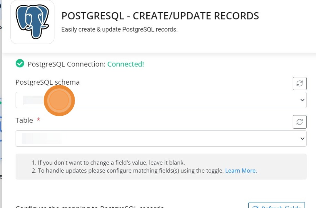 Screenshot of: Select the schema from the 'PostgreSQL schema' dropdown field