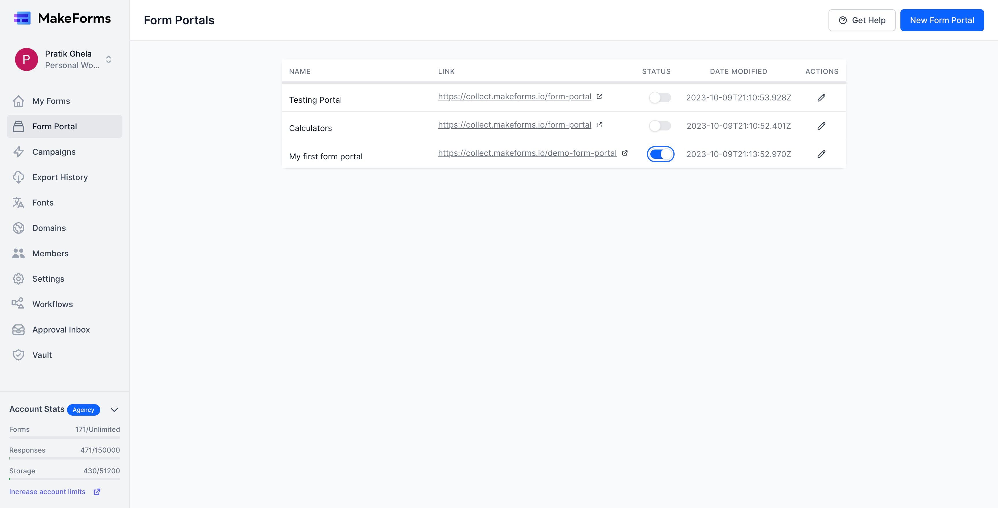 Screenshot of: Should you want to temporarily deactivate a specific Form Portal, you can achieve this by toggling the switch associated with that portal.