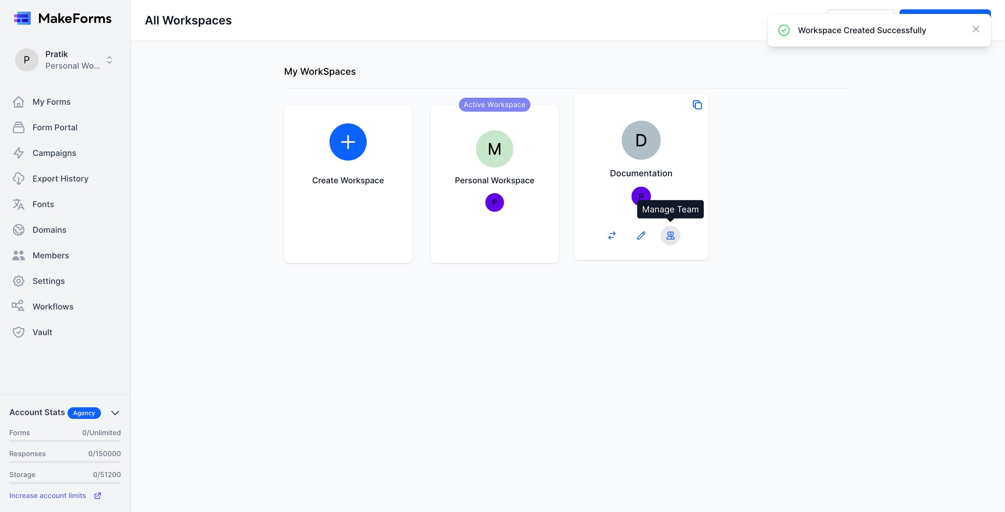Screenshot of: We've successfully established a WorkSpace named "Documentation". To begin adding members to this new WorkSpace, click on the "Manage Team" icon. Comprehensive guidelines on member management and access control can be found at 