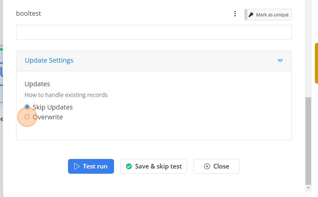 Screenshot of: Select the option to handle existing records from the 'Update Settings'