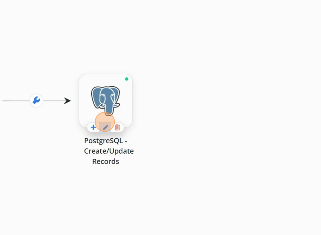 Screenshot of: Click on 'PostgreSQL - Create/Update Records' node