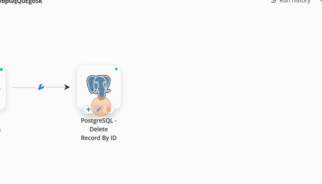 Screenshot of: Click on 'PostgreSQL- Delete Record By ID' node