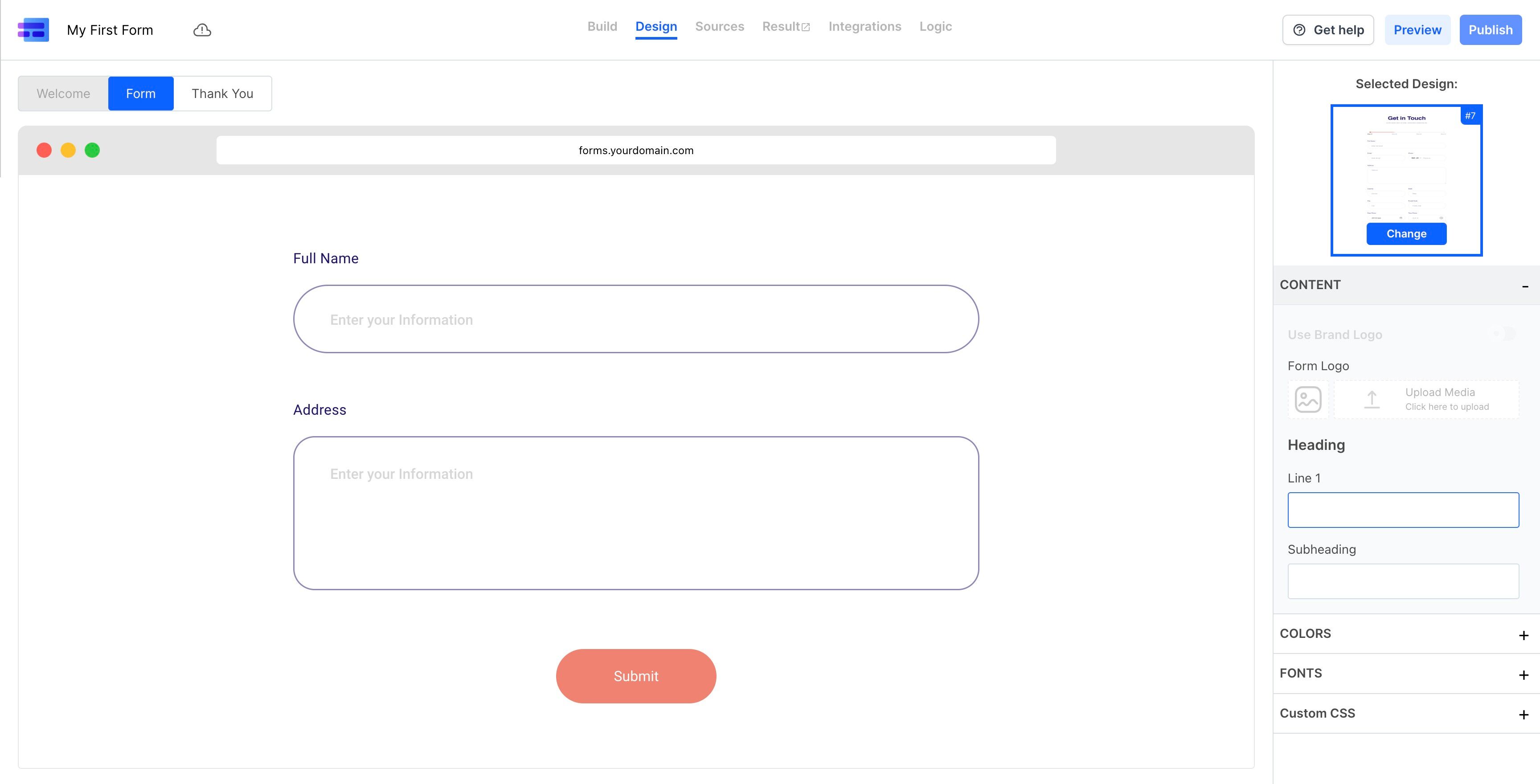 Screenshot of: Our form is set to gather information. Remember, it'll only begin collecting responses when you publish it. To publish, simply click the blue "Publish" button at the top right.
