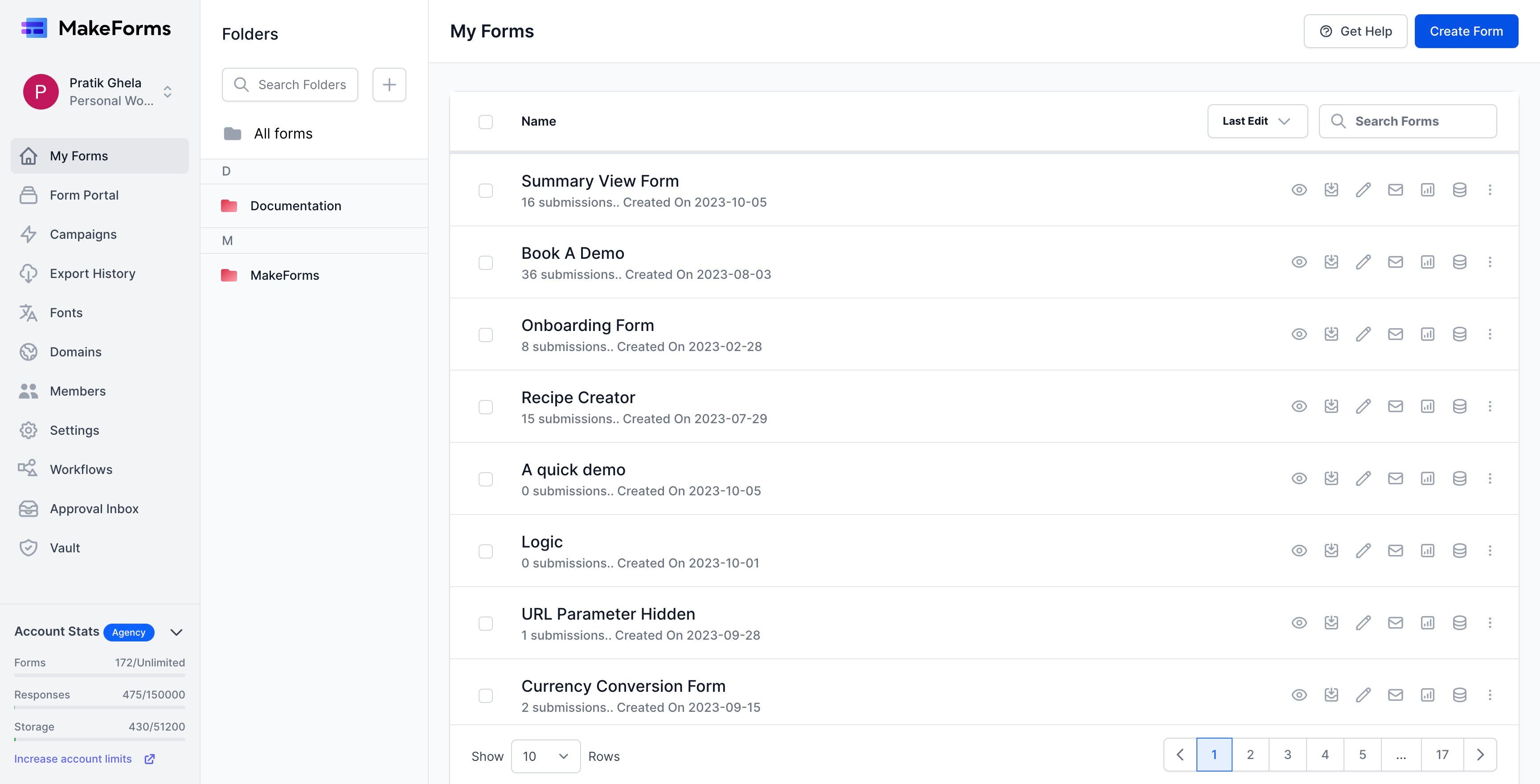 Screenshot of: Access your MakeForms account and select the "Create Form" option.