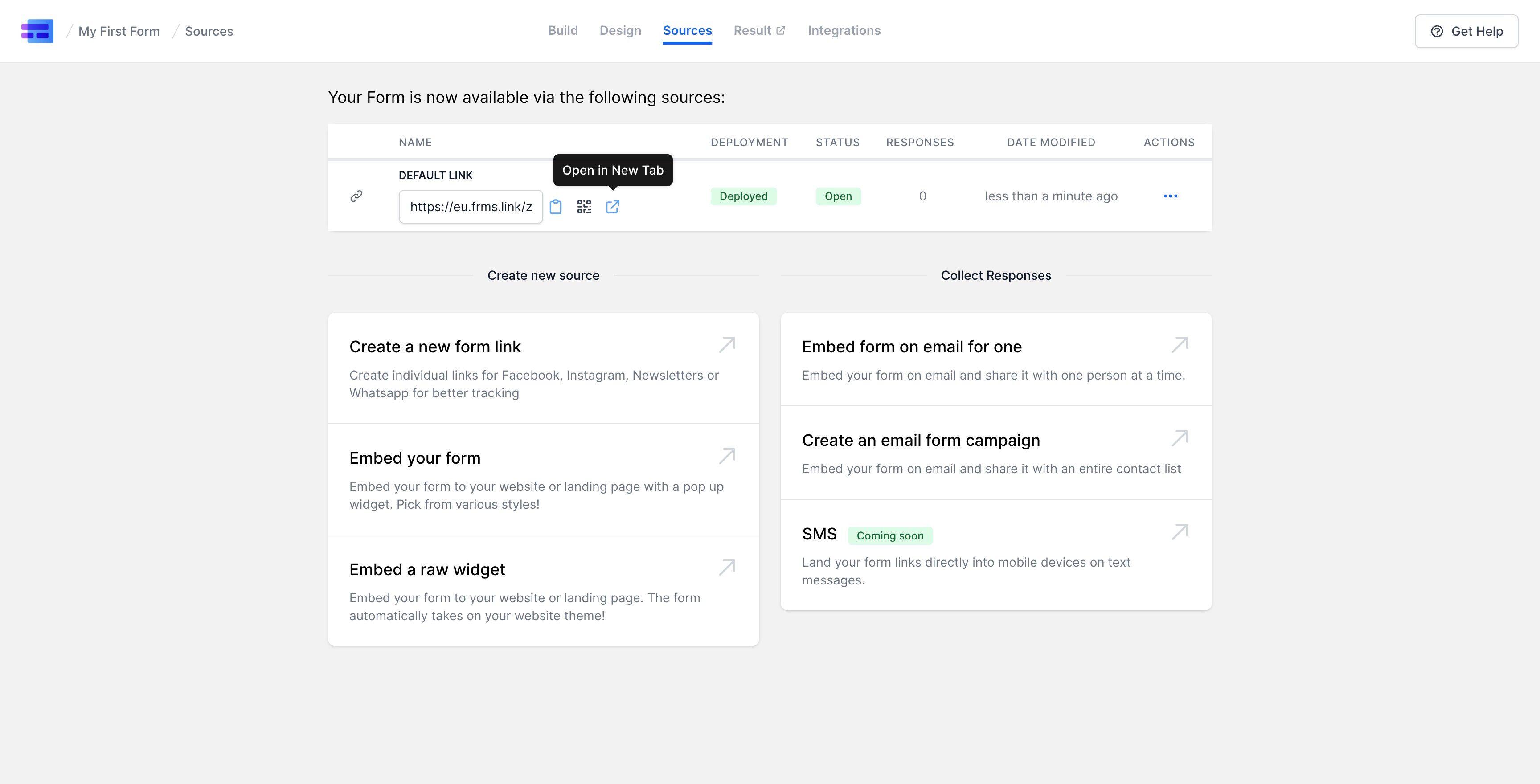 Screenshot of: After successfully publishing the form, MakeForms will take you to the Sources page. To see our published form, just click on the form link.