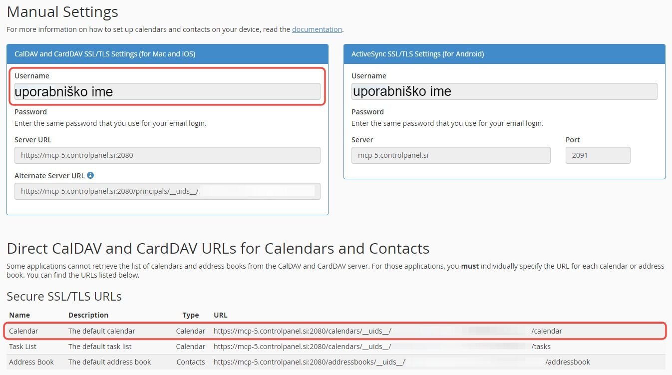 Kako dodati CalDAV koledar v cPanel nadzorni plošči? Podpora