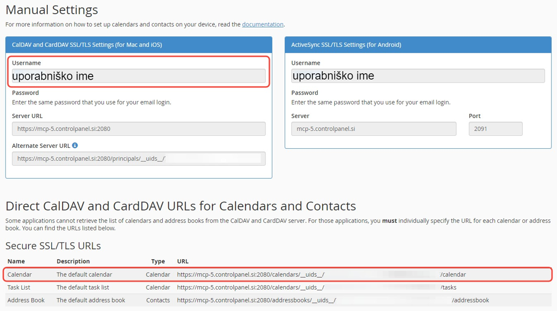 Screenshot of: Potrebovali boste: uporabniško ime vašega cPanel računa, pripadajoče geslo in Direct CalDAV povezavo za koledar