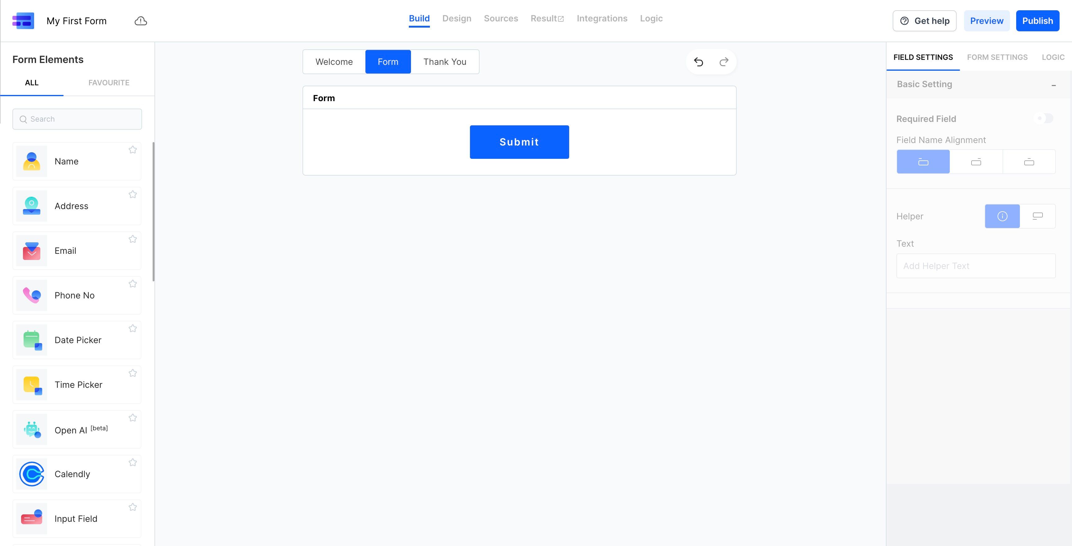 Screenshot of: The central canvas space will showcase all the form fields you intend to include in a form.