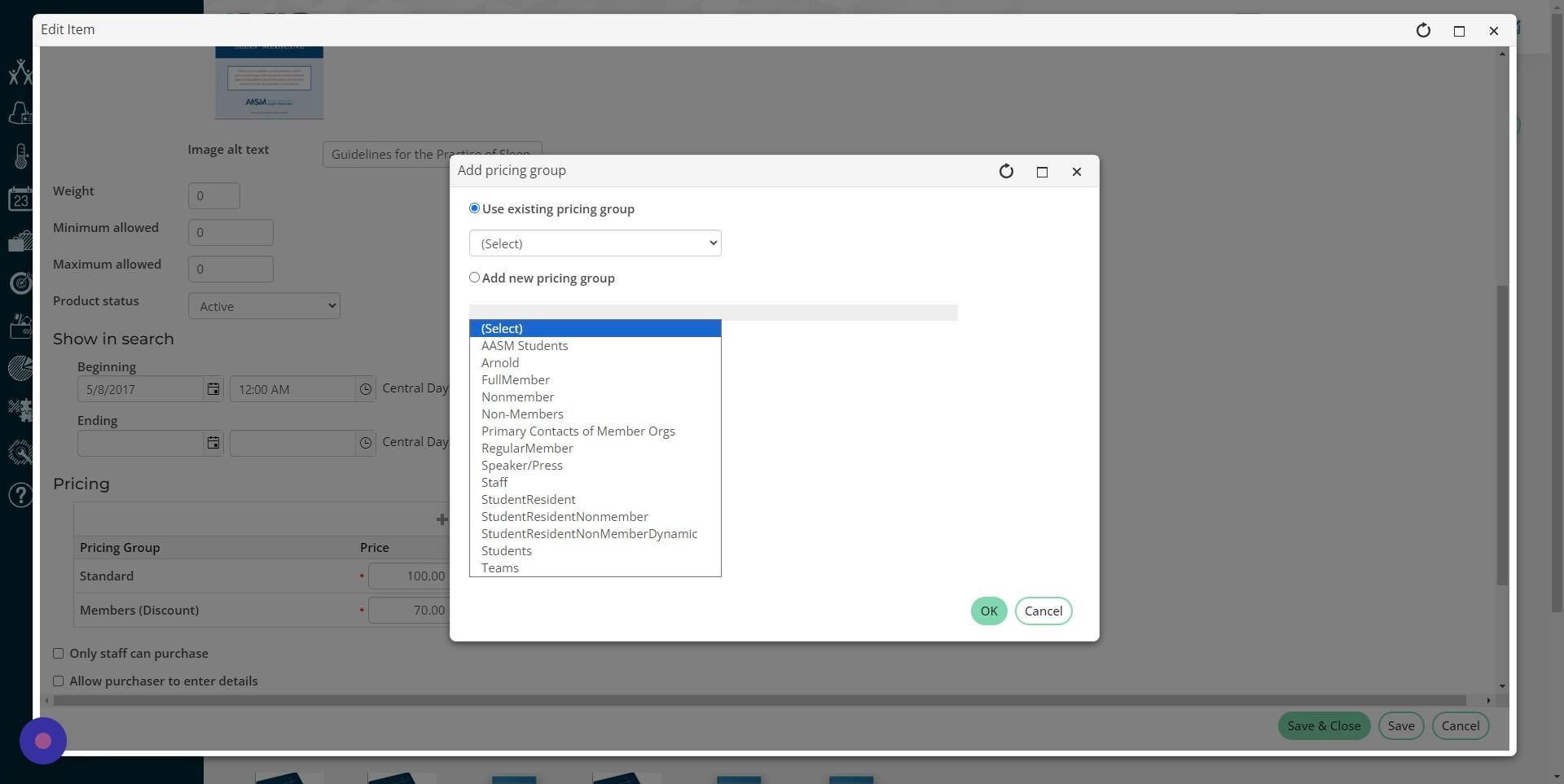 Screenshot of: Click the Existing pricing group dropdown and select the pricing group you want. Click OK.