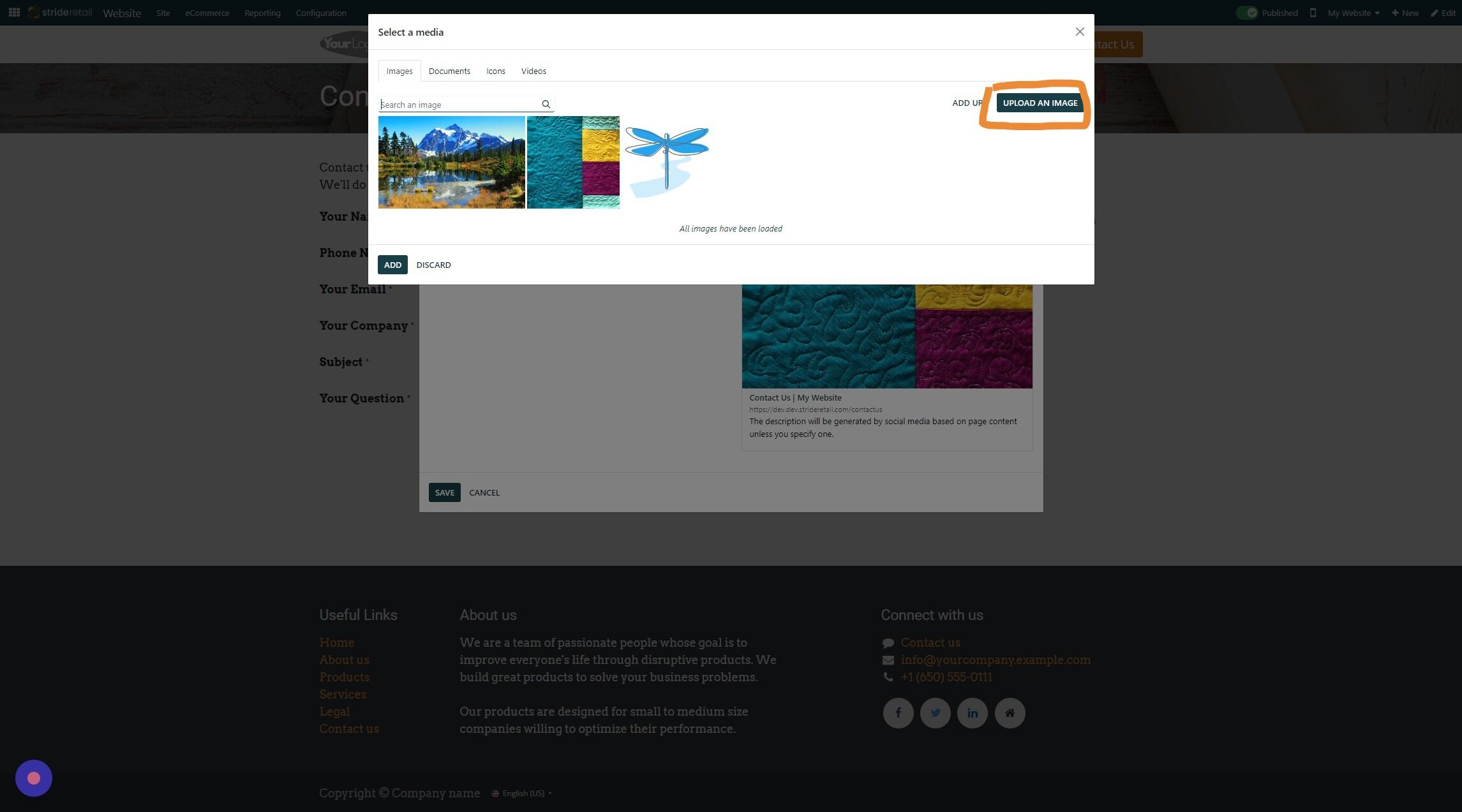 Screenshot of: Click the "Search an image" field, or click "Upload a File" to upload a file from your computer.  When you have chosen your file click "Add" at the bottom.