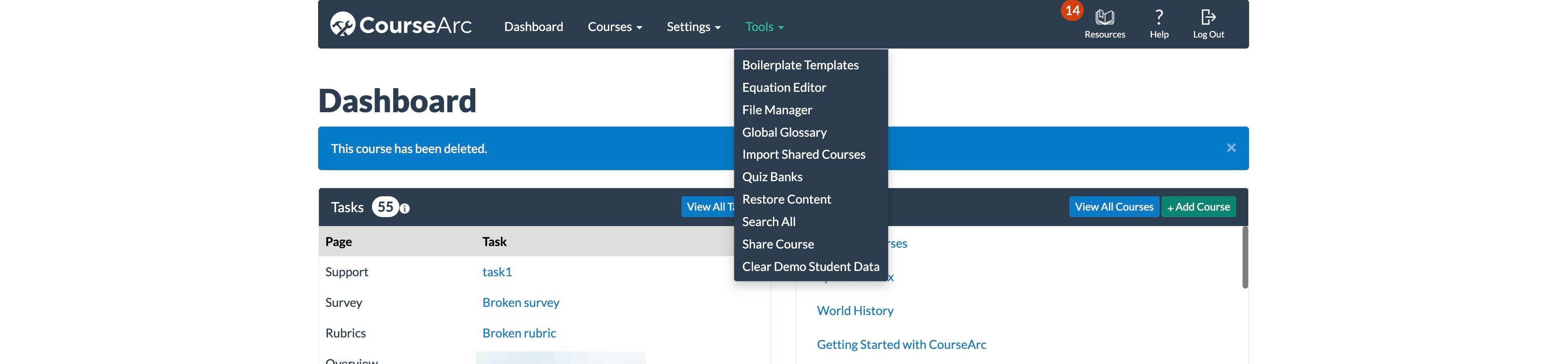 screenshot with cursor on Tools menu in the main CourseArc navigation.