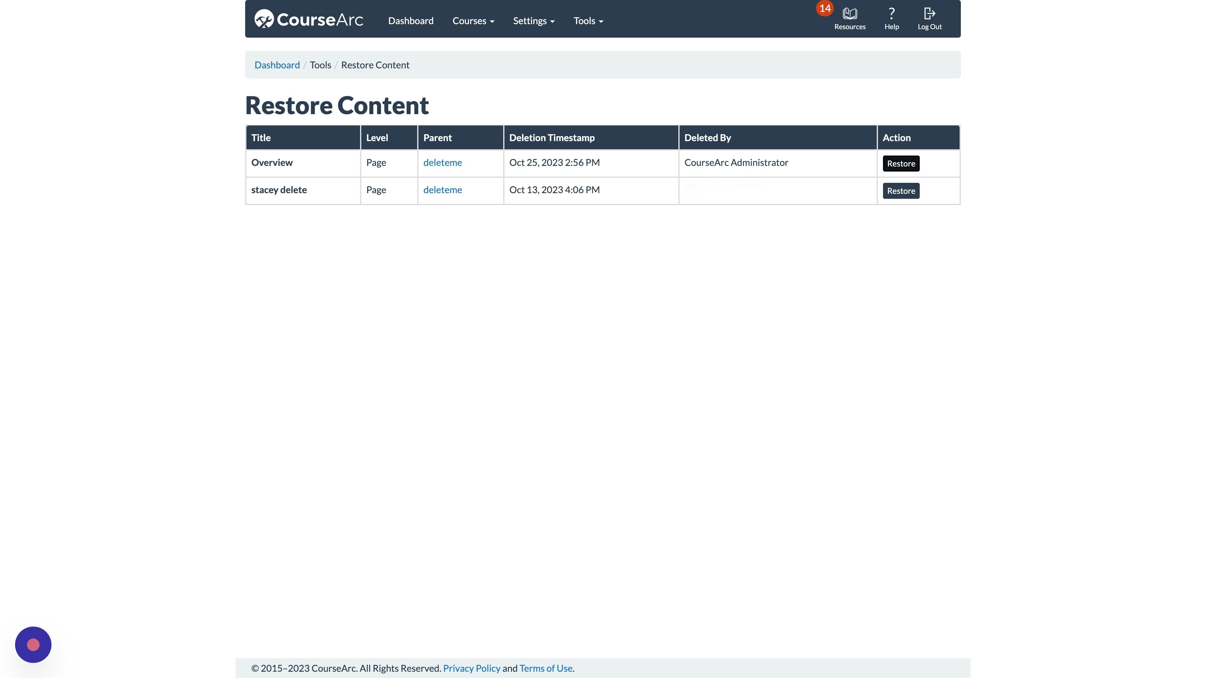 screenshot showing cursor selecting the Restore button in the action column for a deleted item.