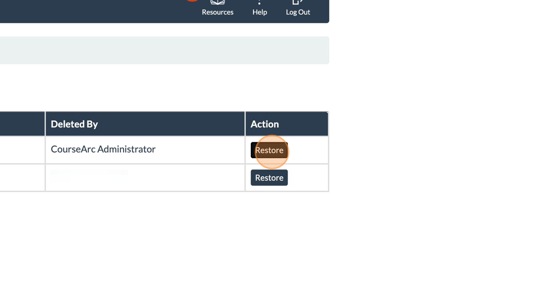 screenshot showing cursor selecting the Restore button in the action column for a deleted item.