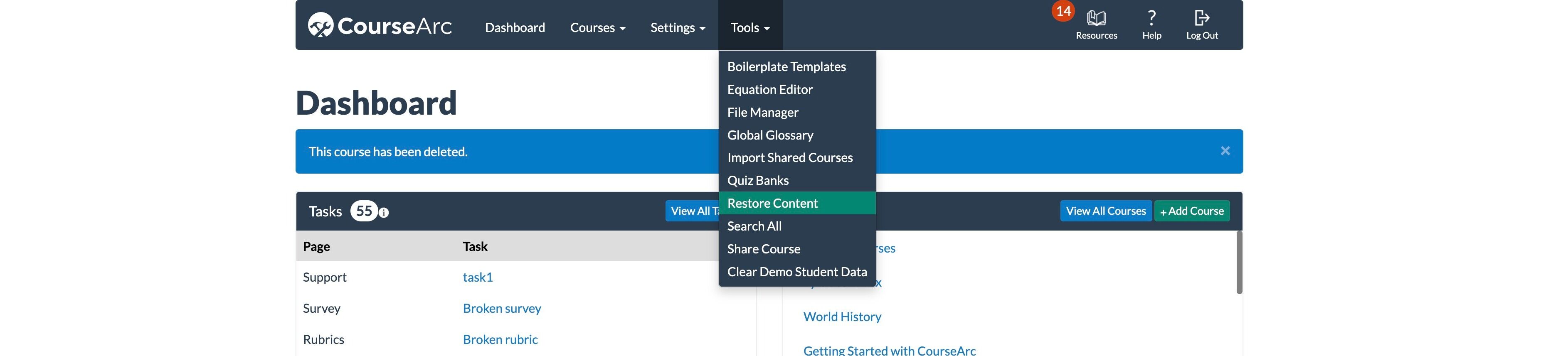 screenshot with cursor on Restore Content option of Tools dropdown menu.