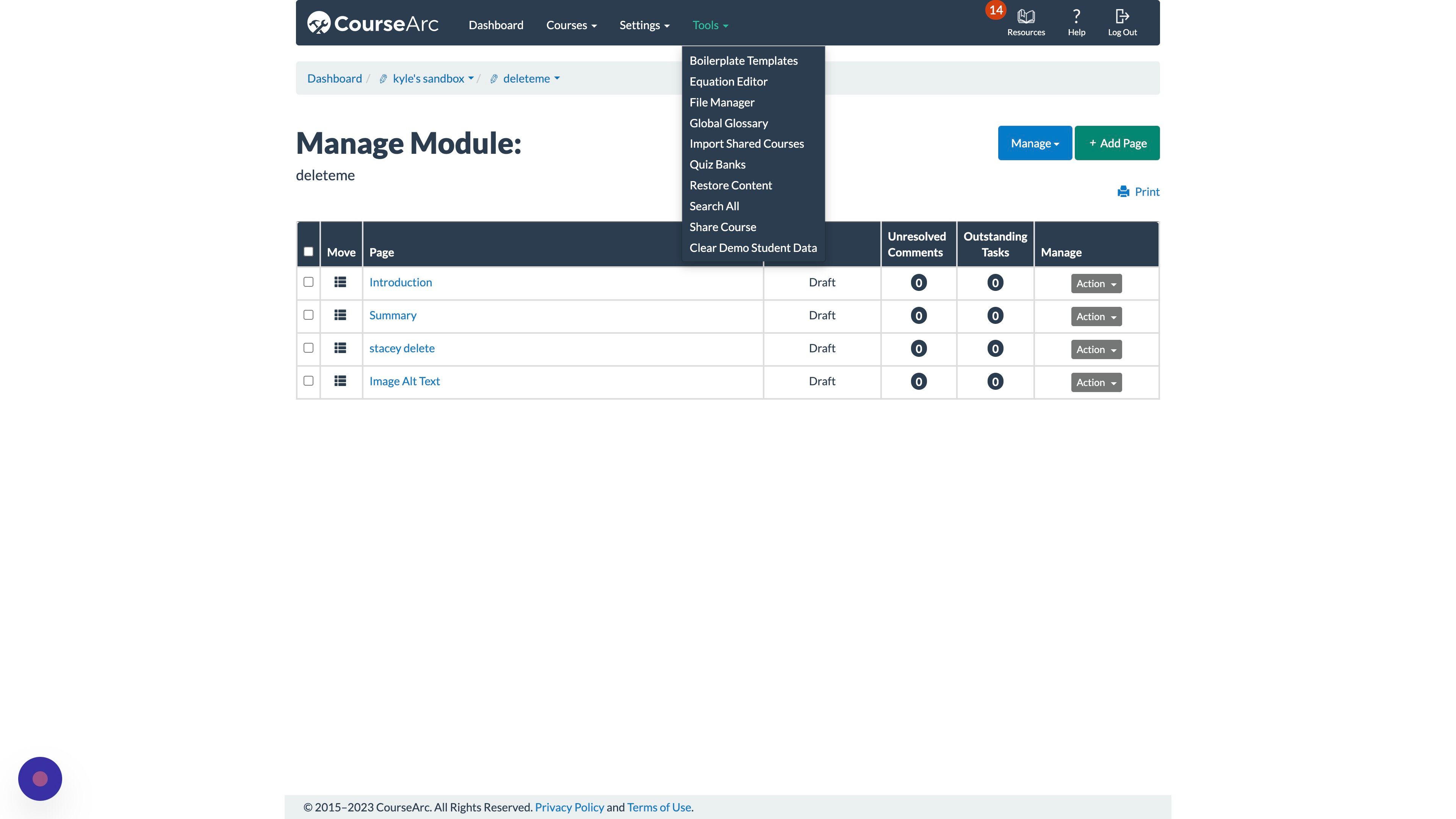 screenshot with cursor on Tools menu in the main CourseArc navigation.
