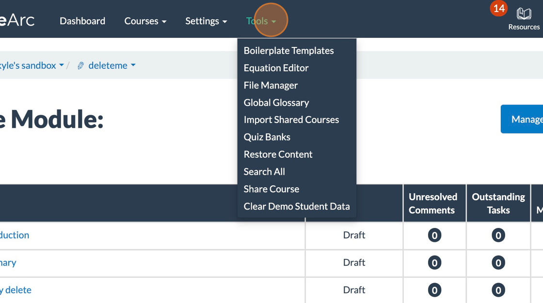 screenshot with cursor on Tools menu in the main CourseArc navigation.