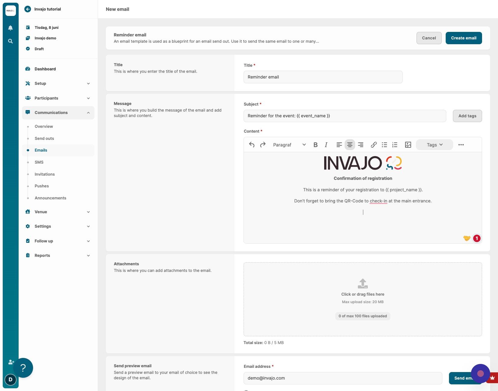 Creating a reminder email with QRcode Invajo Knowledge Base