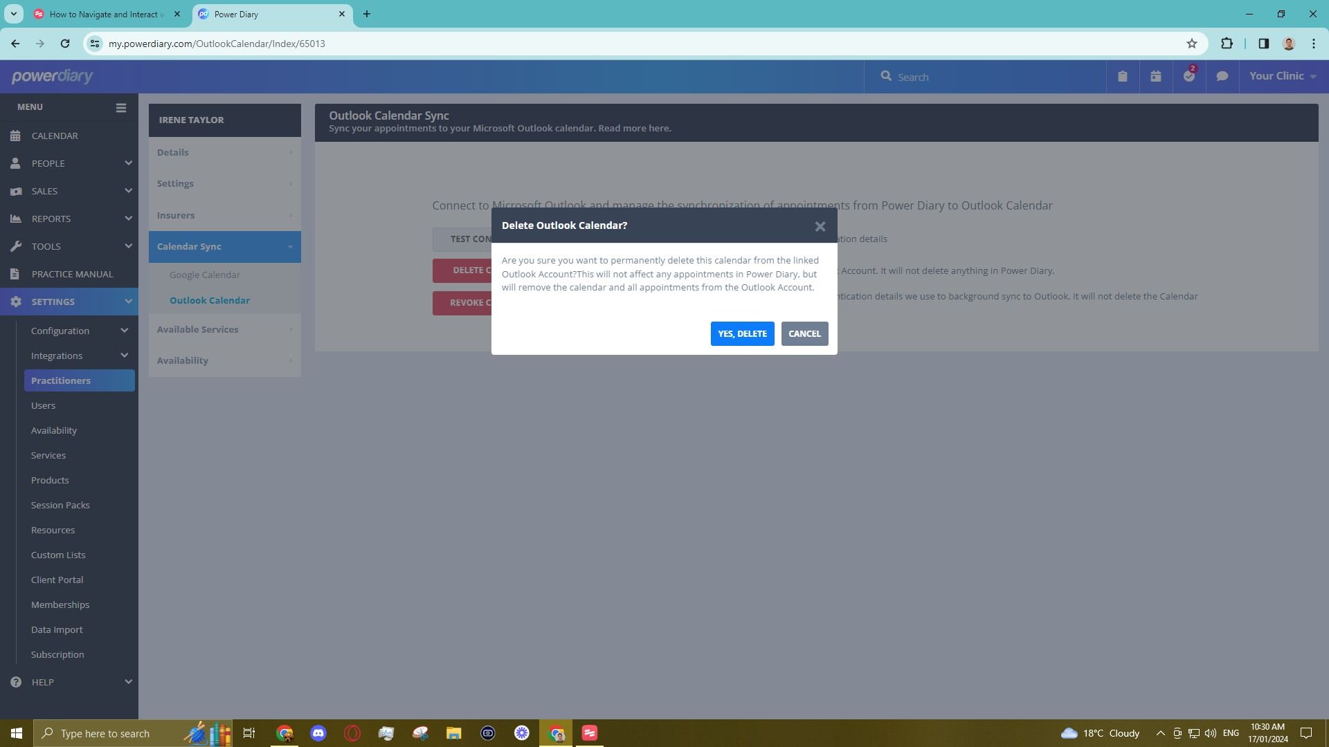 Deleting Outlook Calendar - Power Diary