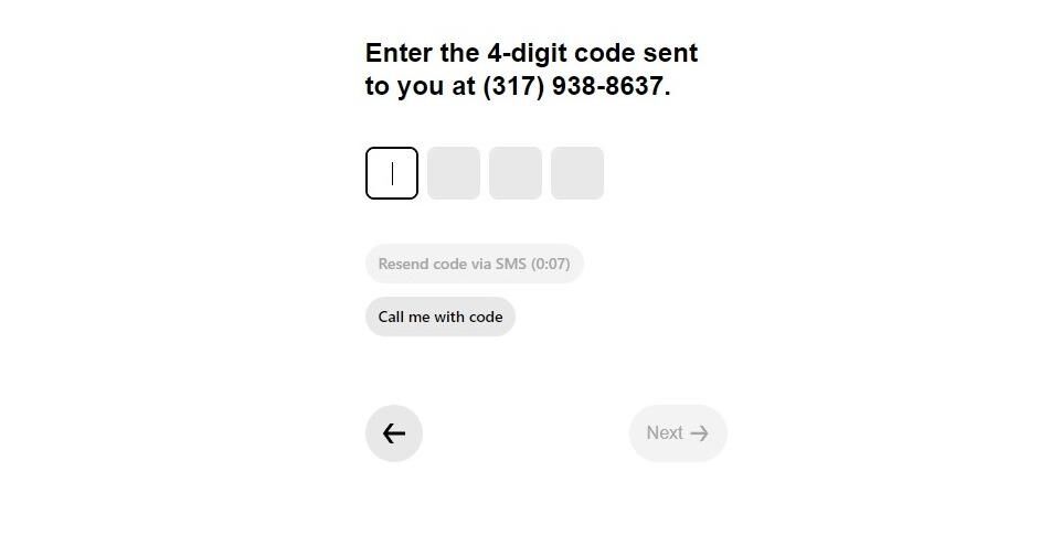 The Uber one-time-passcode entry screen