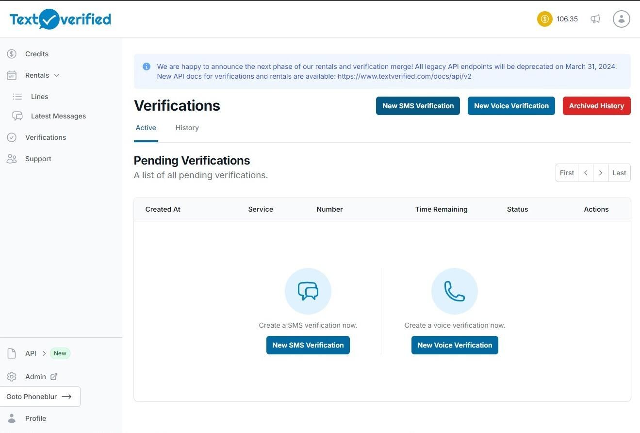 A screenshot of the Textverified application in which the user is clicking "New SMS Verification"