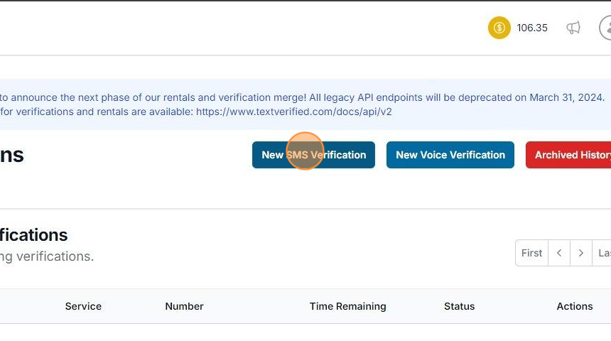 A screenshot of the Textverified application in which the user is clicking &quot;New SMS Verification&quot;