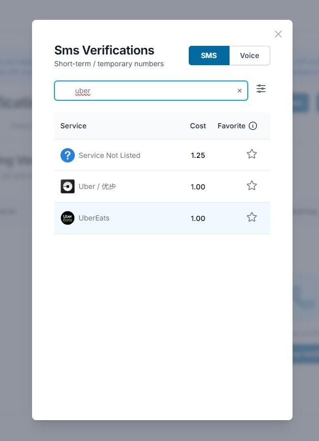 The Textverified Service list, in which the user has selected UberEats