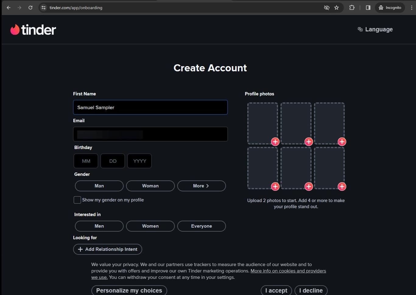 Create account on Tinder