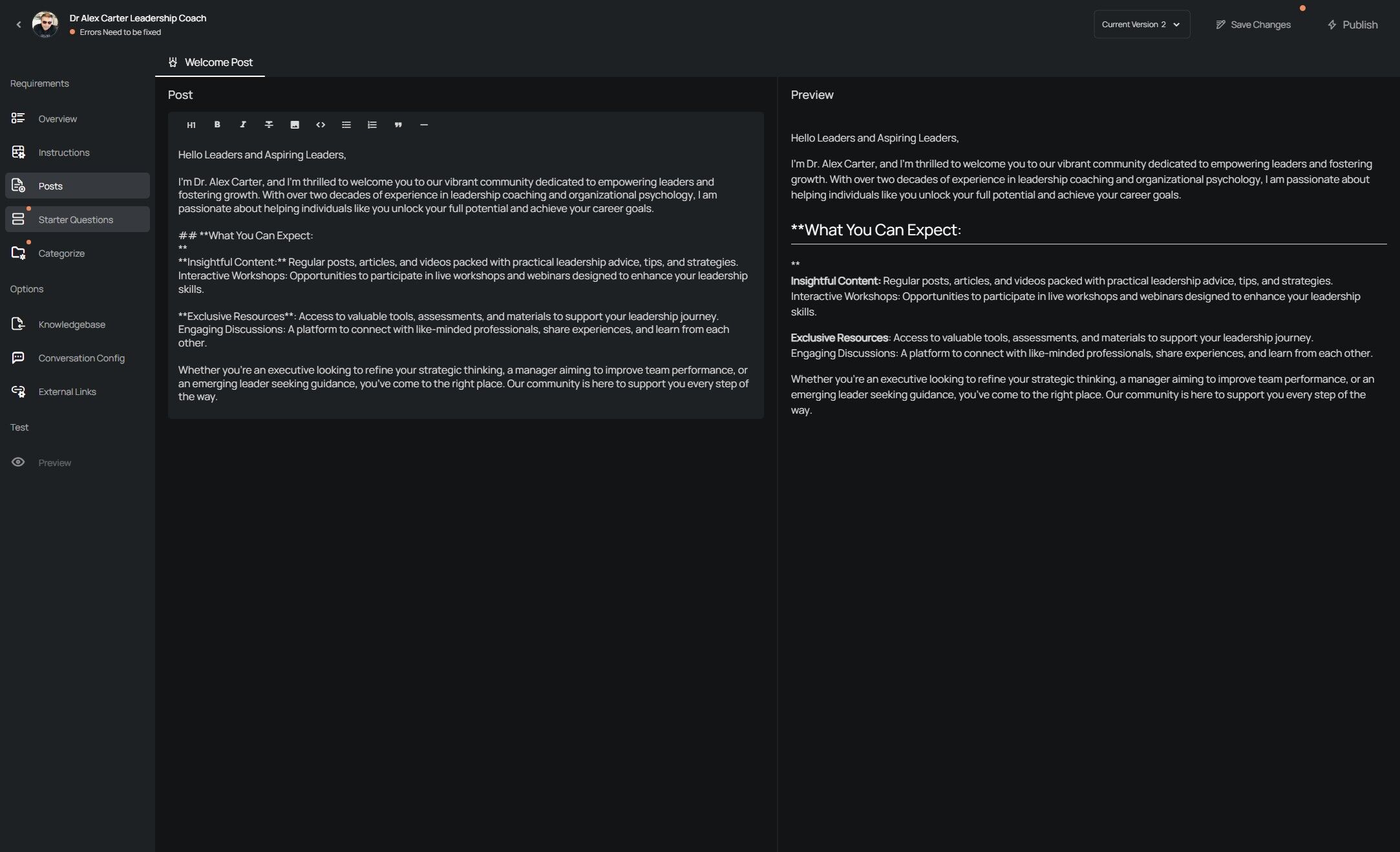 Starter Questions entry point on Creator Portal