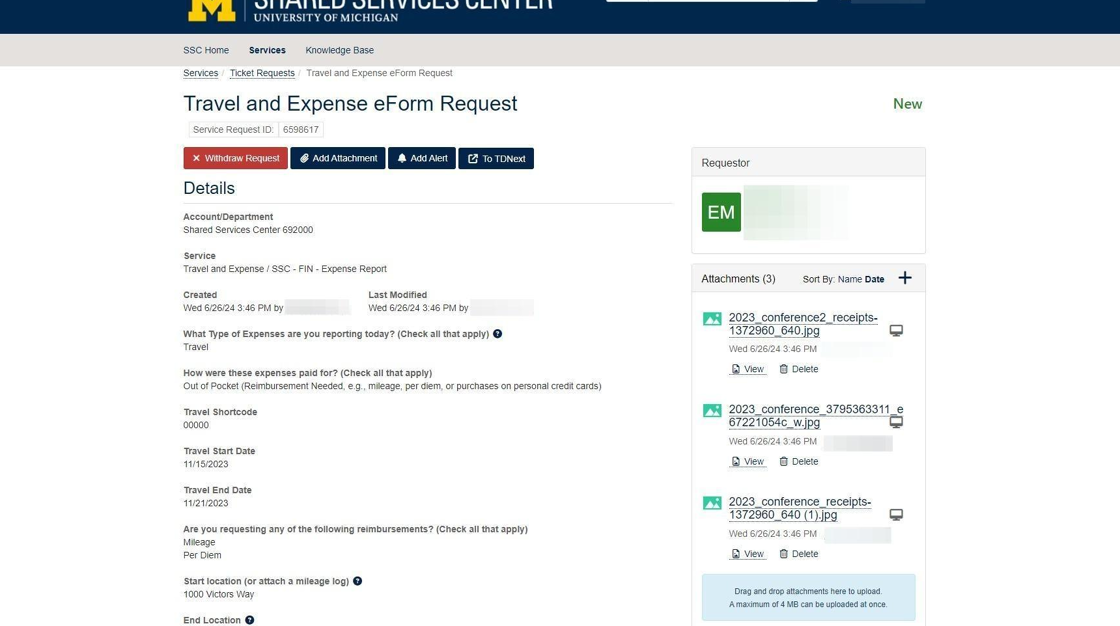 This will take you to the **Client Portal** view of your ticket. In this view you can review ticket details, add attachments, and make comments. The next screen is a record of your submission including attachments.
