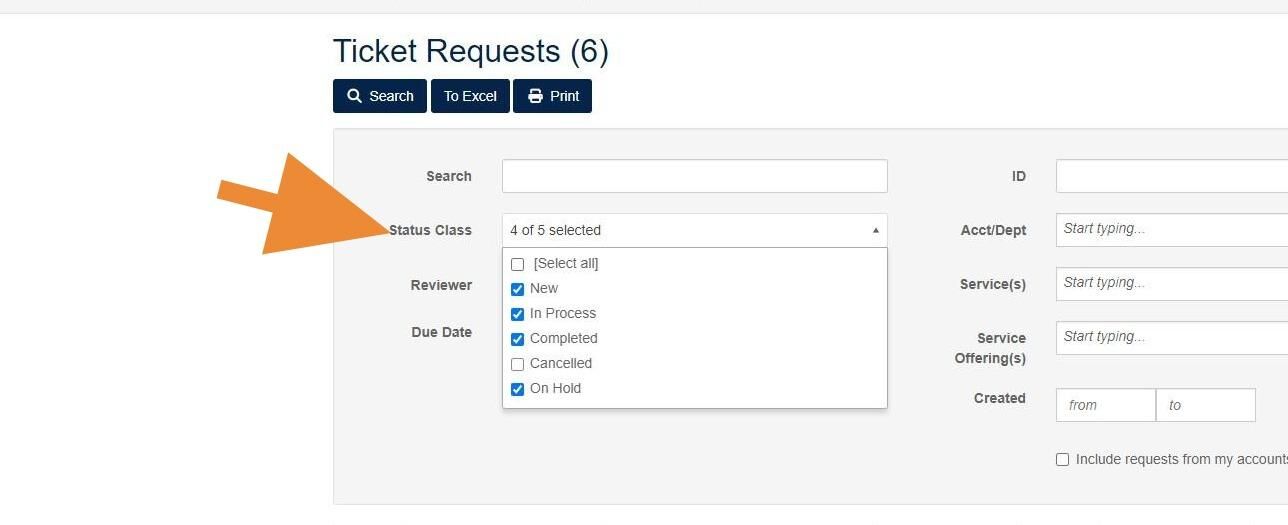 The ticket history page displays open tickets that were created by you as the default. If you want to look at tickets that are closed, click the **Status Class** drop-down menu and select the **Completed** status, then click the **Search** button. As well, if you want to view all your tickets, you can choose **\[Select all\]** from the Status Class drop-down, then click the **Search** button.