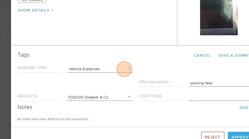 Screenshot highlighting the expense type dropdown field