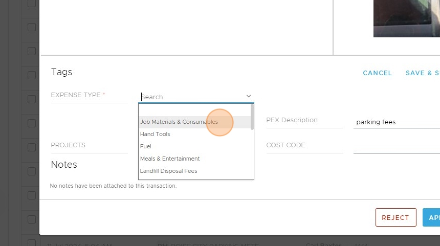 Screenshot showing the selection of Job Materials & Consumables category