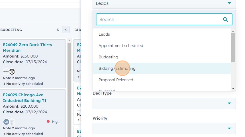 Bidding/Estimating selection