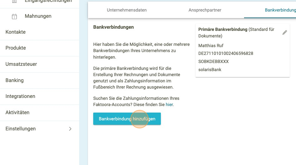 Bankverbindung hinterlegen 4 - faktoora - faktoora -