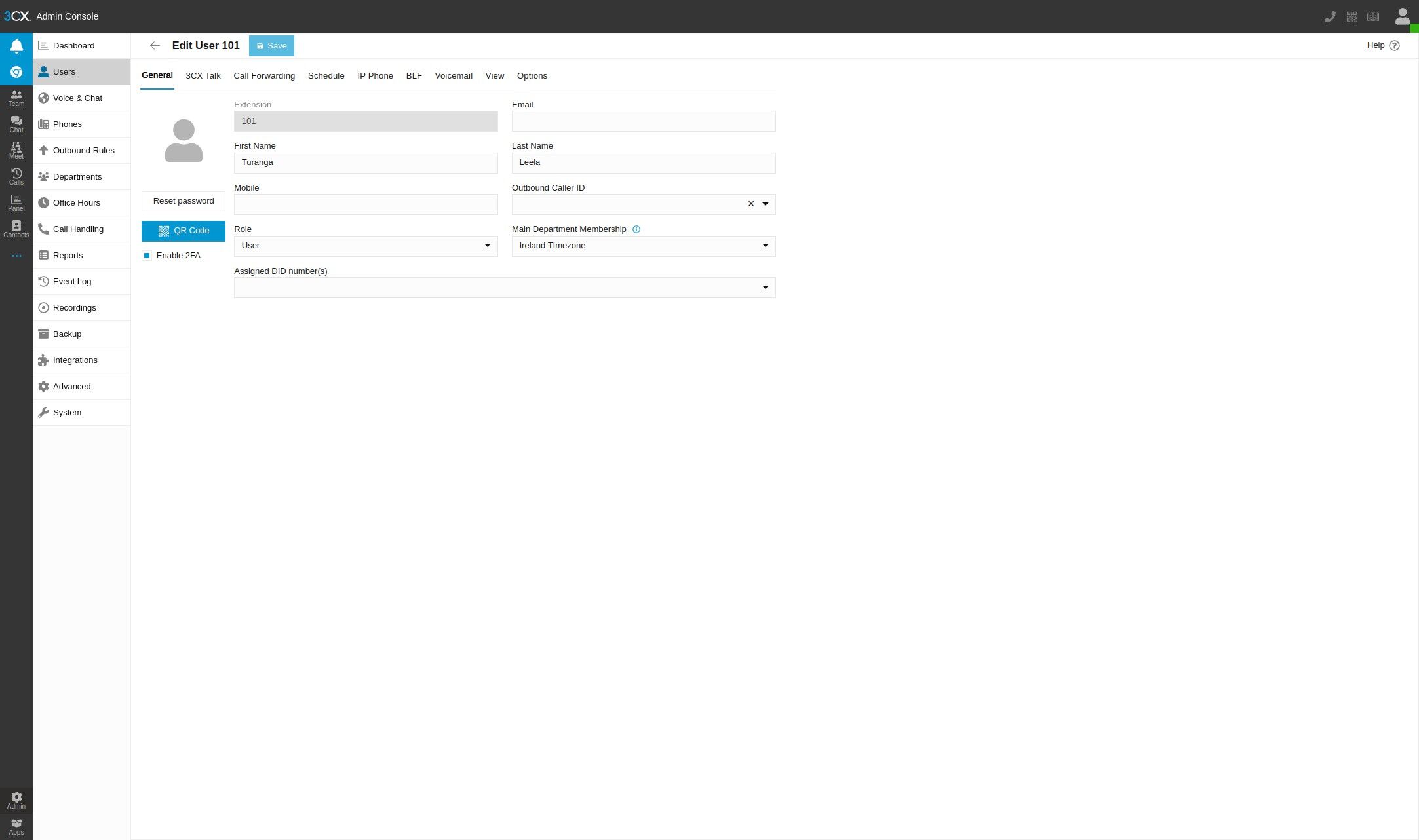 options tab for user